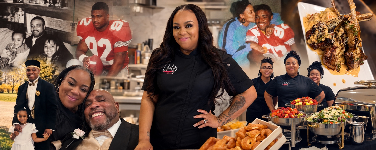 Collage of Chef B, family photographs, and food and catering from her journey